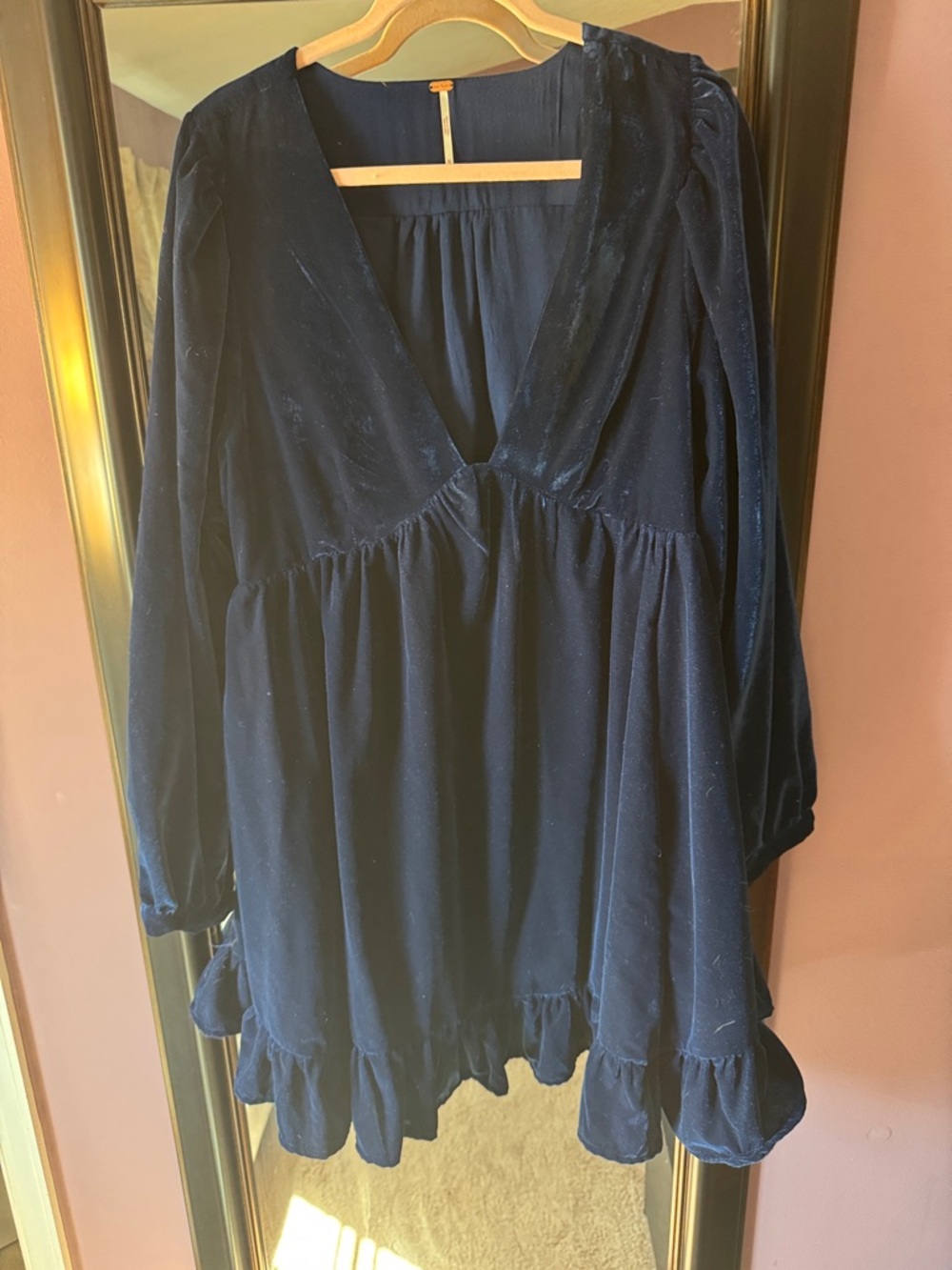 Free People Navy Blue Velvet Long Sleeve Mini Dress